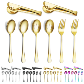 ReaNea Gold Flatware Serving Set of 8 Pieces, Silverware Serving Utensils Large Spoon Set