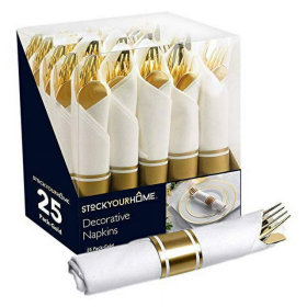 Pre-Rolled Plastic Cutlery Set (25 Count) Gold with Napkin by Stock Your Home